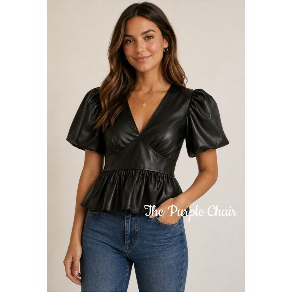 ENGLISH FACTORY NWT Black Faux Leather Peplum Top M